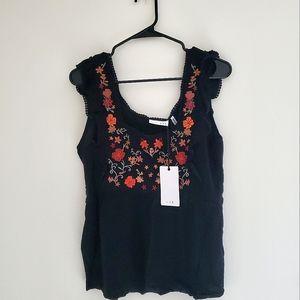Black Sleeveless Top with Red & Orange Floral Embroidery